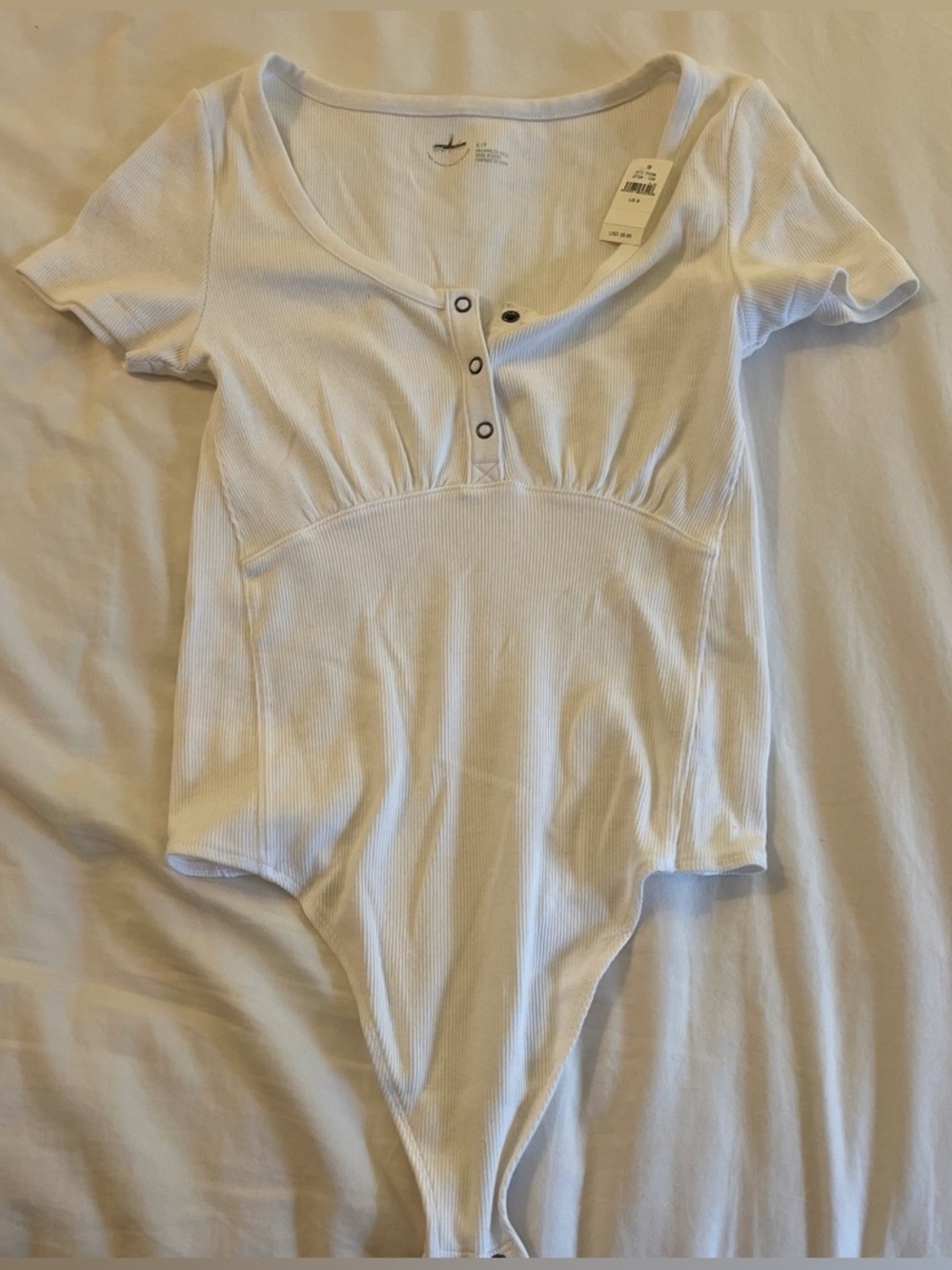 aerie White Ribbed Scoop-Neck Button Bodysuit